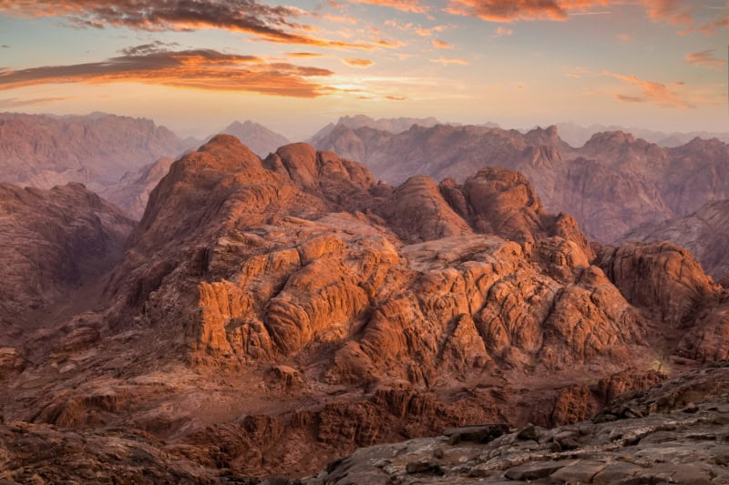 View from Mount Sinai at sunrise. Beautiful mountain landscape in Egypt
