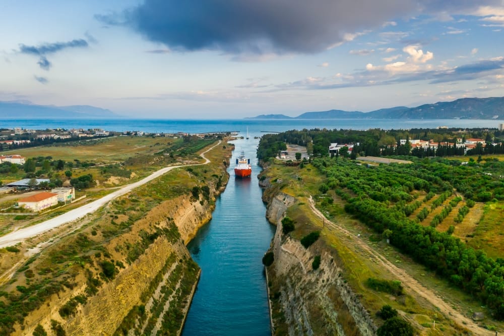 Ship passing through Corinth Canal in Greece.