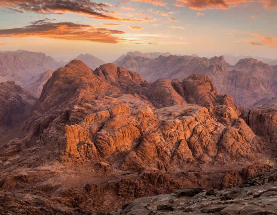 View from Mount Sinai at sunrise. Beautiful mountain landscape in Egypt